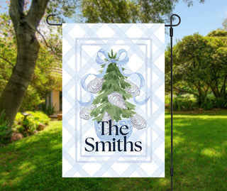 Striped seasonal garden flag featuring fall puppy design and personalized text