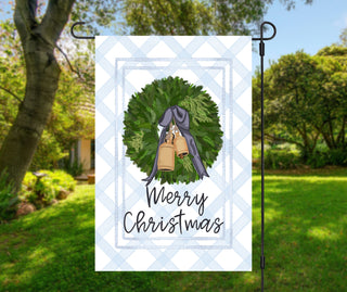 Custom watercolor doodle dog outdoor flag with blue and orange pumpkins