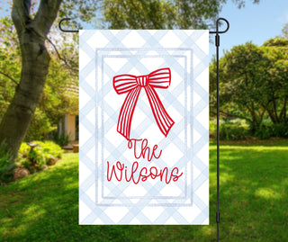 Striped seasonal garden flag featuring fall puppy design and personalized text