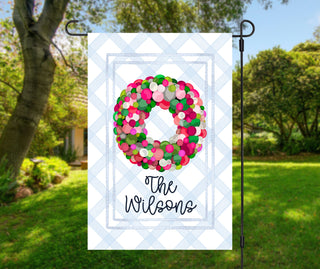 Striped seasonal garden flag featuring fall puppy design and personalized text