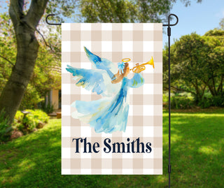 Striped seasonal garden flag featuring fall puppy design and personalized text