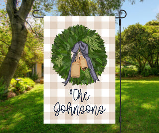 Striped seasonal garden flag featuring fall puppy design and personalized text