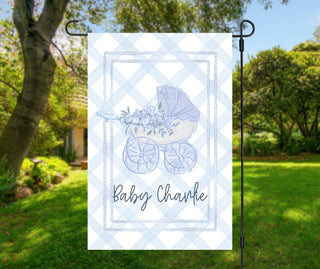 Striped seasonal garden flag featuring fall puppy design and personalized text