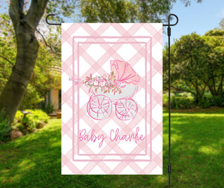 Striped seasonal garden flag featuring fall puppy design and personalized text