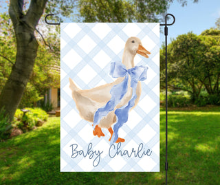 Striped seasonal garden flag featuring fall puppy design and personalized text