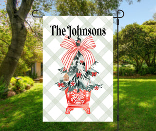 Personalized fall dog garden flag with pumpkins and custom family name