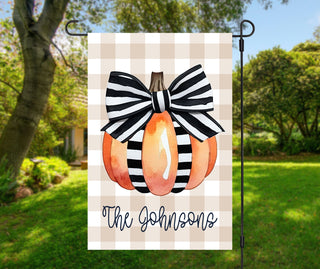 Personalized fall dog garden flag with pumpkins and custom family name