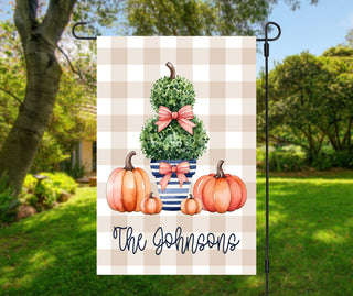 Personalized fall dog garden flag with pumpkins and custom family name