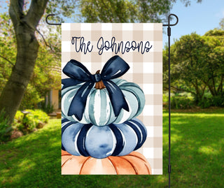 Personalized fall dog garden flag with pumpkins and custom family name