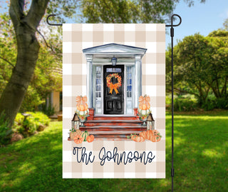 Personalized fall dog garden flag with pumpkins and custom family name