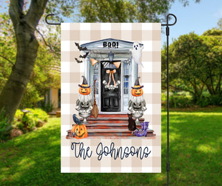 Personalized fall dog garden flag with pumpkins and custom family name