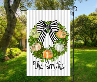 Personalized fall dog garden flag with pumpkins and custom family name
