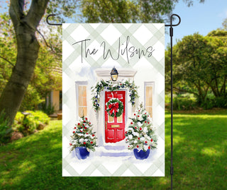 Personalized Christmas garden flag with red front door, wreath, and topiaries – The Navy Knot holiday décor