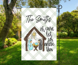 Personalized nativity Christmas garden flag with manger scene and “Oh Come Let Us Adore Him” – The Navy Knot holiday décor
