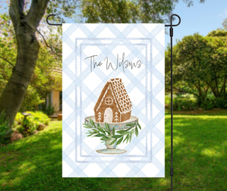Personalized Christmas garden flag featuring watercolor gingerbread house on blue gingham – The Navy Knot holiday décor