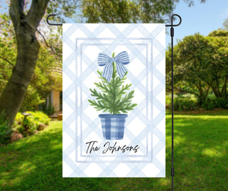 Personalized Christmas garden flag with blue gingham tree pot and striped bow – The Navy Knot holiday décor