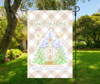 Personalized Christmas church garden flag with neutral gingham background and family name – The Navy Knot holiday décor