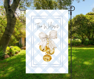 Personalized Christmas garden flag with gold bells and ivory bow on blue gingham – The Navy Knot holiday décor