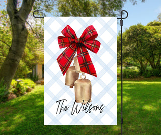 Personalized Christmas garden flag featuring gold bells and a red plaid bow with family name – The Navy Knot holiday décor