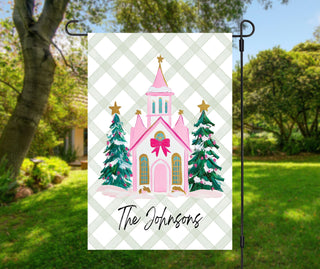 Personalized Christmas garden flag featuring pink church and Christmas trees with family name – The Navy Knot holiday décor