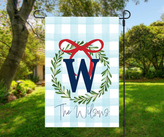 Custom spring garden flag with blue bunny motif and personalized last name, matching front door pennant for porch, Easter outdoor decor