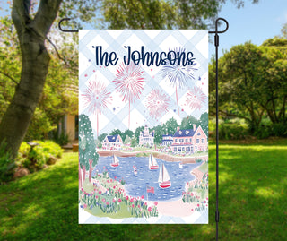 Personalized patriotic garden flag coastal harbor scene with sailboats fireworks and custom family name preppy Americana outdoor decor The Navy Knot