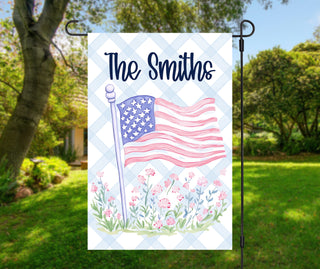 Personalized American flag garden flag with custom family name preppy patriotic outdoor decor grandmillennial yard flag The Navy Knot