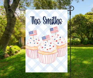 Coquette patriotic garden flag with custom name cupcakes and American flags preppy Americana summer decor gift