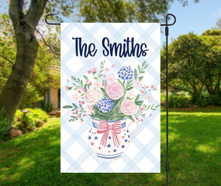 Grandmillennial floral garden flag with custom name bouquet pitcher design preppy Americana yard decor gift