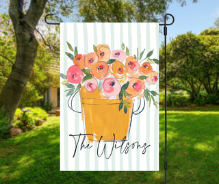 Autumn personalized garden flag with floral mason jar artwork, sage green stripes, and custom family name for seasonal porch and garden decoration.