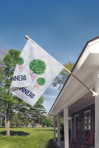 Blue gingham farmhouse-style garden flag featuring topiary trees and personalized name