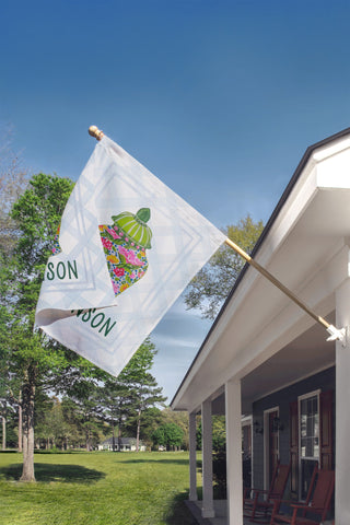 Blue gingham farmhouse-style garden flag featuring topiary trees and personalized name