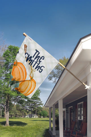Custom family name pumpkin flag, watercolor fall harvest design, outdoor yard decoration for Thanksgiving and autumn