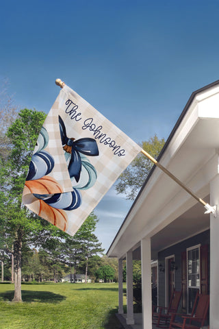 Custom watercolor doodle dog outdoor flag with blue and orange pumpkins