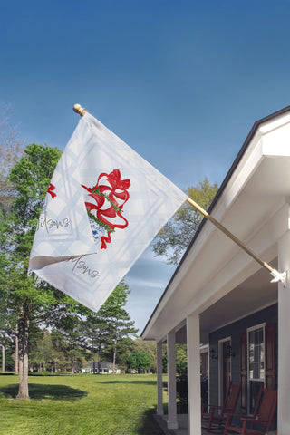 Elegant holiday garden flag with chinoiserie pot and festive topiary design – The Navy Knot Christmas collection