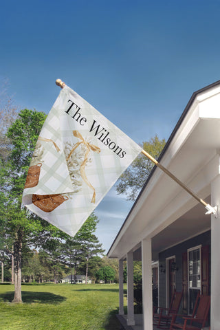 Personalized Neutral Christmas Tree Garden Flag – Custom Holiday Yard Décor with Gold Bow