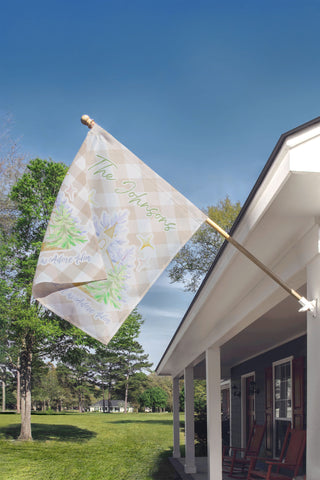 Neutral Christmas church garden flag featuring watercolor trees and gold accents – custom family holiday yard decoration