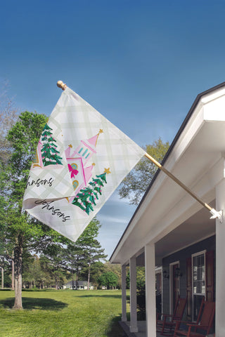 Elegant pastel Christmas church garden flag with pink bow and custom last name – The Navy Knot design