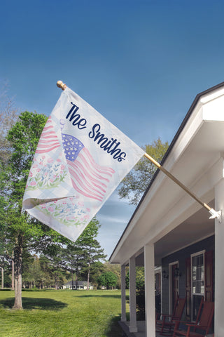 Custom last name patriotic garden flag with American flag and floral accents preppy Americana summer yard decor