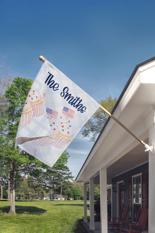 Personalized 4th of July garden flag with cupcakes and American flags custom name cute patriotic yard decor