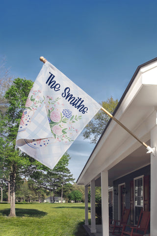 Personalized Americana floral garden flag with custom last name coquette bouquet outdoor decor The Navy Knot