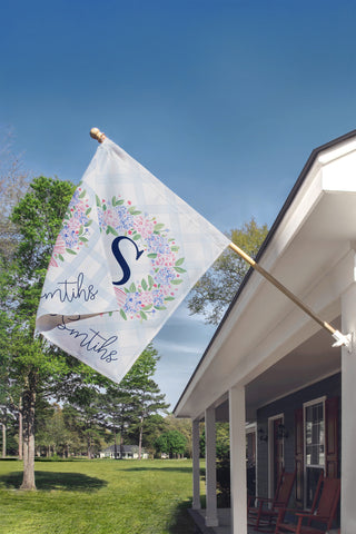 Personalized monogram garden flag with hydrangeas and bow custom name coastal outdoor decor