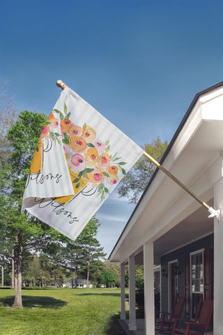 Personalized outdoor fall flag featuring rustic mason jar flowers and elegant script family name, ideal for welcoming guests during autumn.