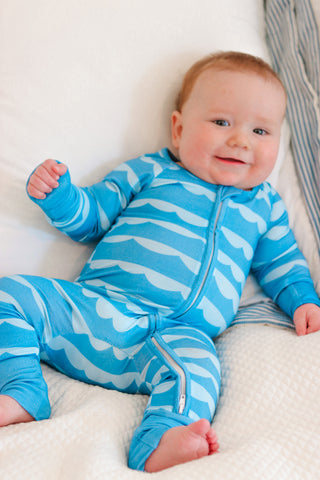 Blue ocean wave print bamboo baby sleeper with two-way zipper