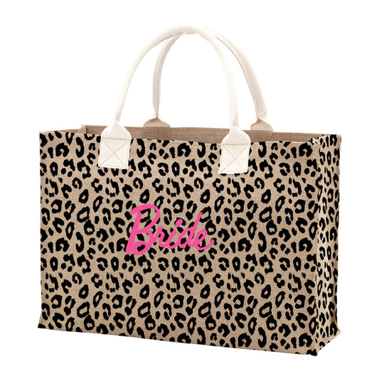 Hot Pink Bride Leopard Burlap Tote Bag