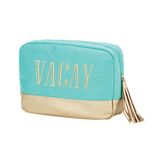 Gold Vacay Embroidered Mint Cabana Cosmetic Bag