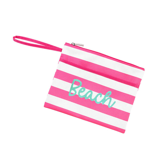 Beach Embroidered Hot Pink Stripe Zip Pouch