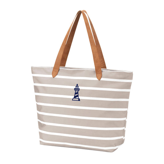 Navy Lighthouse Embroidered Tan Stripe Tote