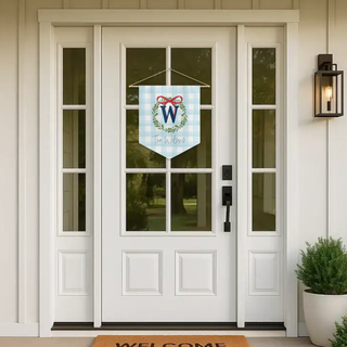 Personalized house flag and door hanger featuring hand-painted blue bunny on gingham background, classic preppy spring porch decor