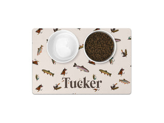 Personalized pet feeding mat with trout fish design, custom dog name, and fishing-inspired pattern